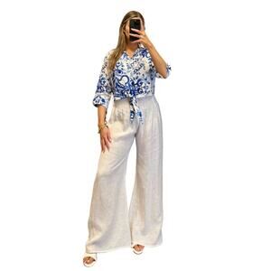Luisa Positano White Wide Leg Pants 100% Linen Elastic Waist Resort Trousers
